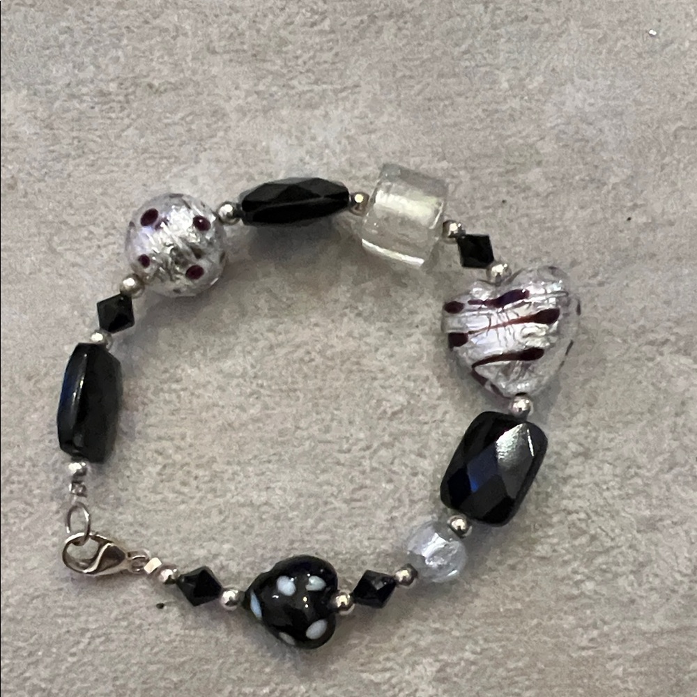 Multi Shape & Heart Murano Style Glass Black & Silver Beaded Bracelet Handmade